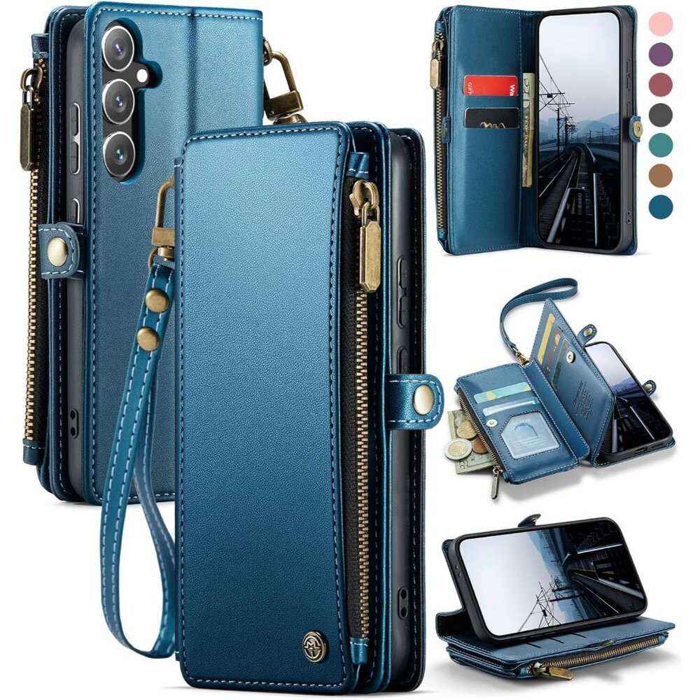 Wallet Case for Samsung Galaxy S24: RFID Blocking, Zipper & Wrist Strap - Blue